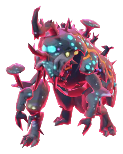 The Rot Colossus, a hulking boss of rotten bark with a crimson rim light
