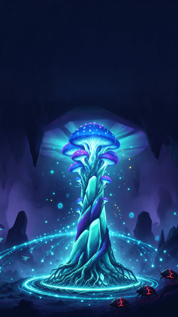 Key art: a glowing fungal spire of teal crystal crowned with blue and violet mushroom caps rises from a ring of light in a dark cavern, with crimson-veined rot beetles approaching