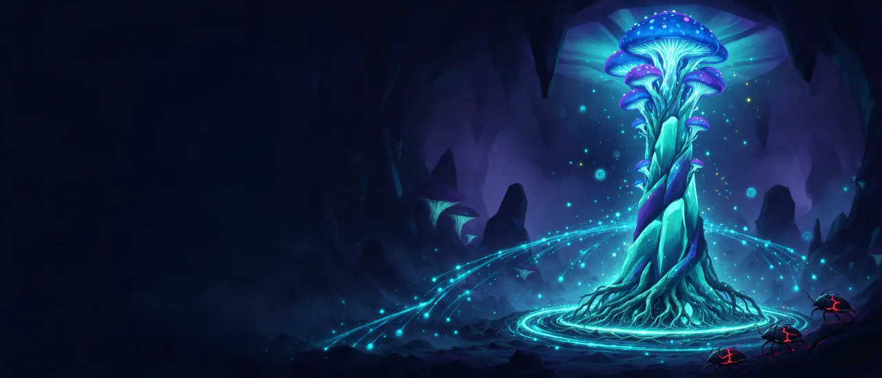Key art: a towering bioluminescent fungal spire of twisted teal crystal, crowned with glowing blue and violet mushroom caps, fires streams of cyan spores across a dark cavern while crimson-veined rot beetles creep in