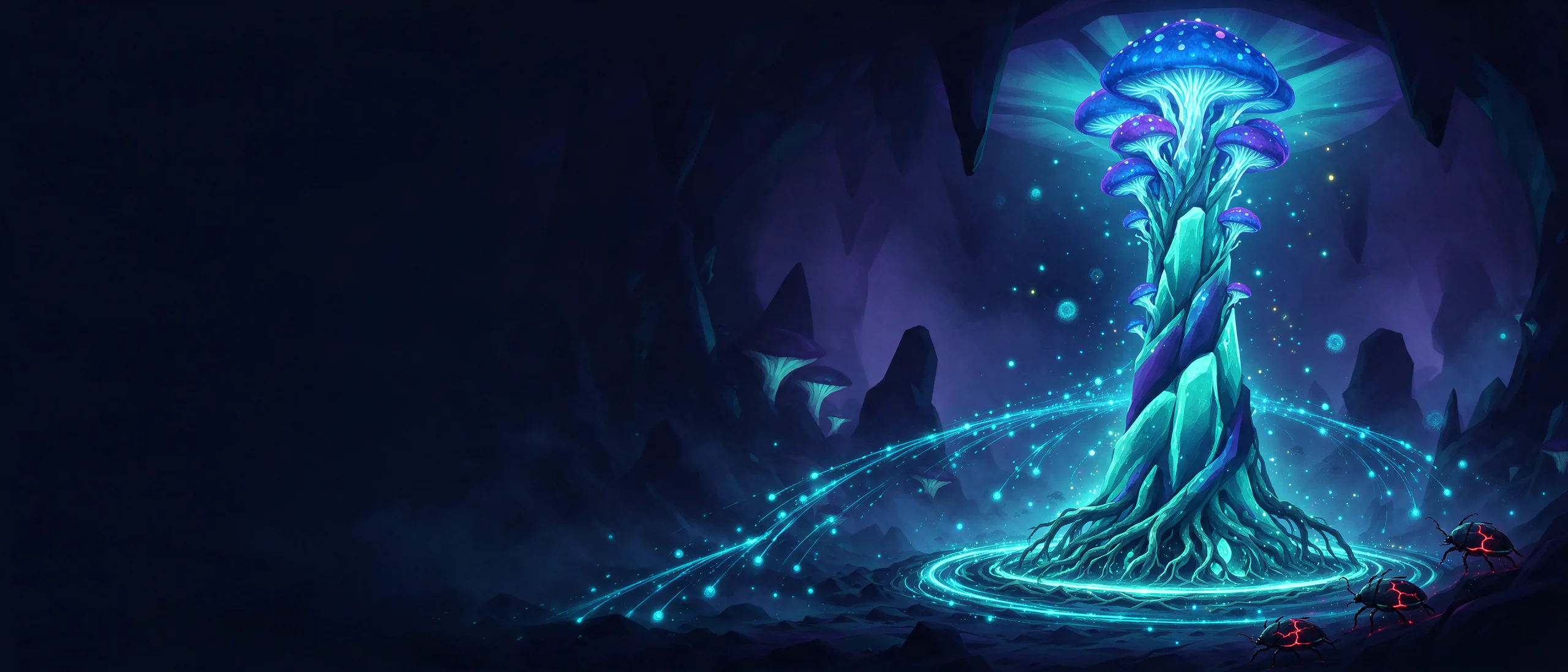 A towering Mycelial Spire of twisted teal fungus glows in a dark cavern, firing spores at Blight beetles that creep in from the edge