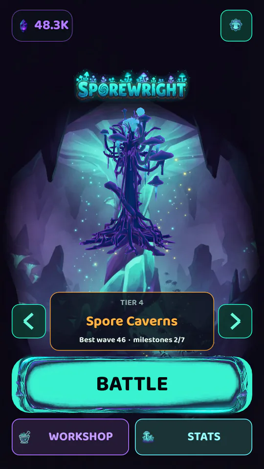 Home screen: the Sporewright logo above the spire, Tier 4 Spore Caverns selected (best wave 46, milestones 2/7), a big BATTLE button, and Workshop and Stats buttons