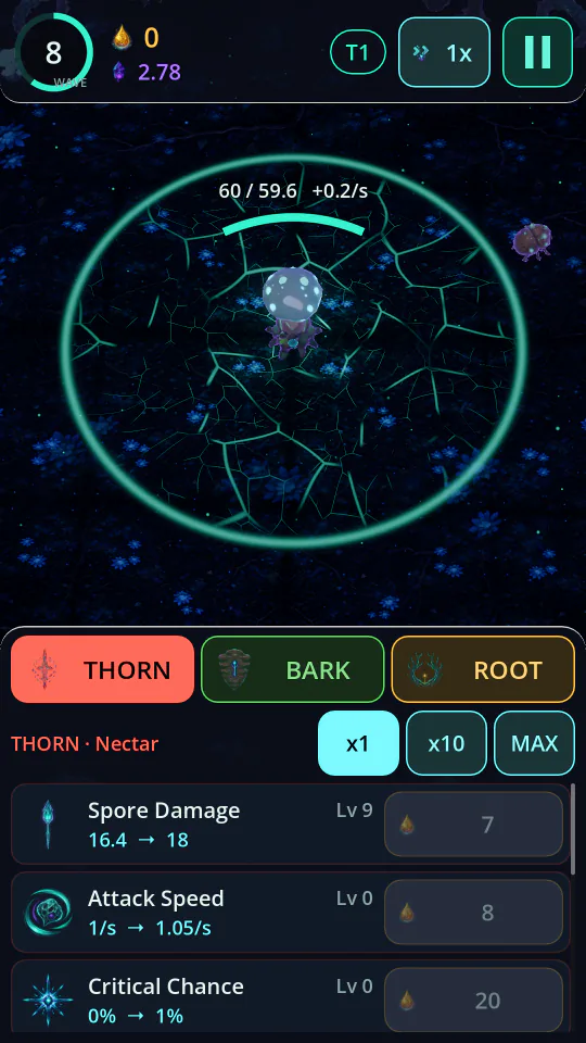 An early wave on Tier 1 Leaf Litter: a young spire in the center of its teal range ring as the first rot beetles crawl in; below, the THORN upgrade tab with Spore Damage, Attack Speed and Critical Chance