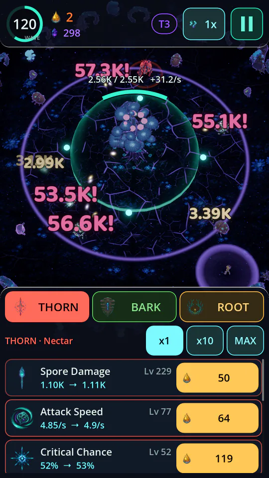 A busy wave 120 on Tier 3: the spire's shield dome glows while critical hits burst into big numbers like 57.3K and 56.6K across the arena