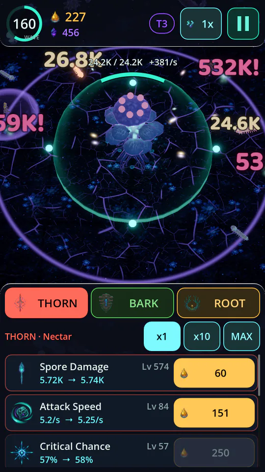 Wave 160 on Tier 3 with a fully grown stage-5 spire, crits up to 532K, and the in-run upgrade panel showing THORN, BARK and ROOT tabs with x1, x10 and MAX buy buttons