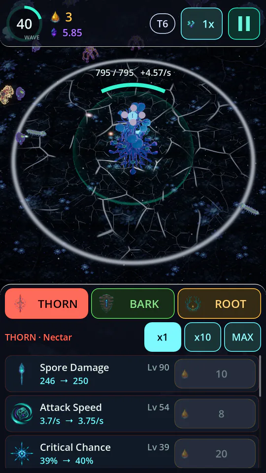 Tier 6, The Dead Canopy: the spire holds a pale range ring on wave 40 against the deepest tier of Blight