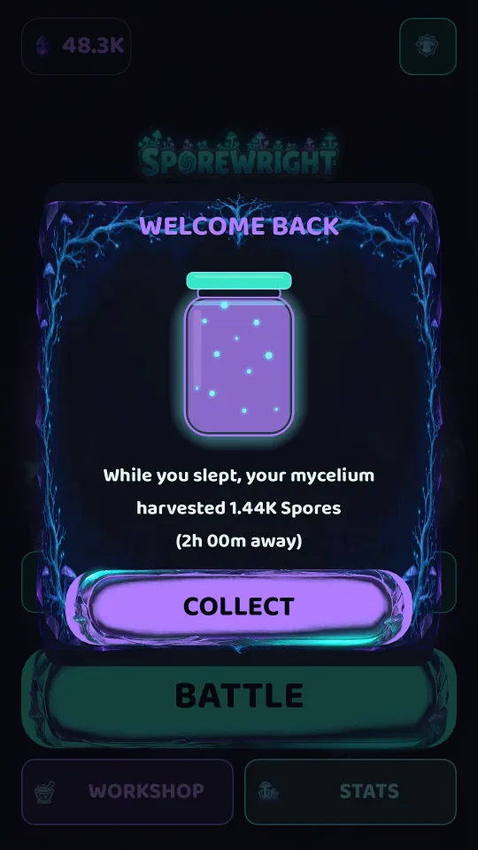 The Welcome Back popup: 'While you slept, your mycelium harvested 1.44K Spores (2h 00m away)' with a COLLECT button