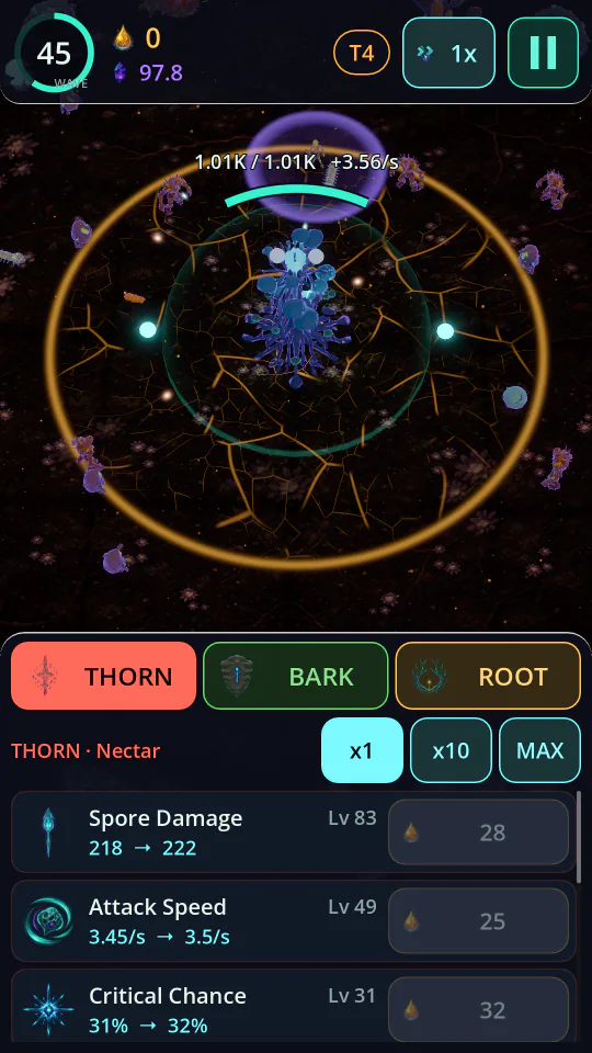 Tier 4, Spore Caverns: wave 45 in an amber-ringed arena with the spire's shield dome raised