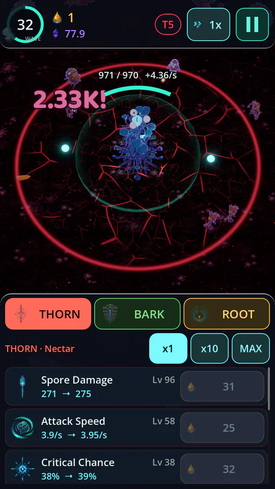 Tier 5, Blight Heart: a crimson range ring on wave 32 as a crit for 2.33K lands