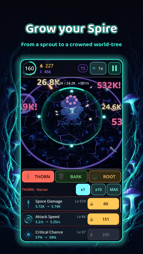 Store screenshot 'Grow your Spire': a real in-game capture in a glowing frame under the headline