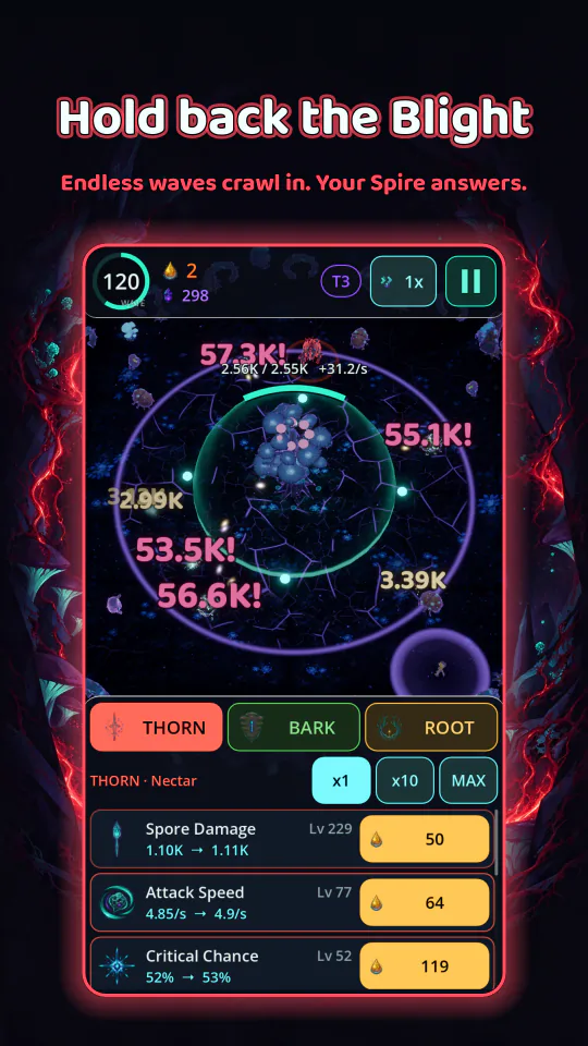 Store screenshot 'Hold back the Blight': a real in-game capture in a glowing frame under the headline