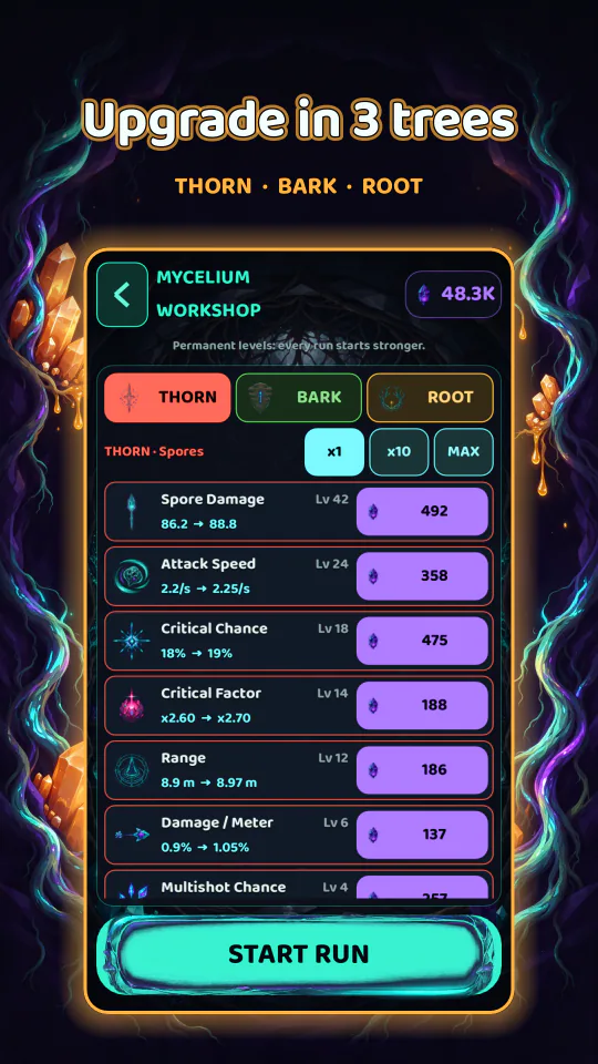 Store screenshot 'Upgrade in 3 trees': a real in-game capture in a glowing frame under the headline