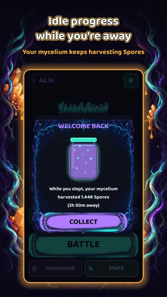 Store screenshot 'Idle progress while you're away': a real in-game capture in a glowing frame under the headline