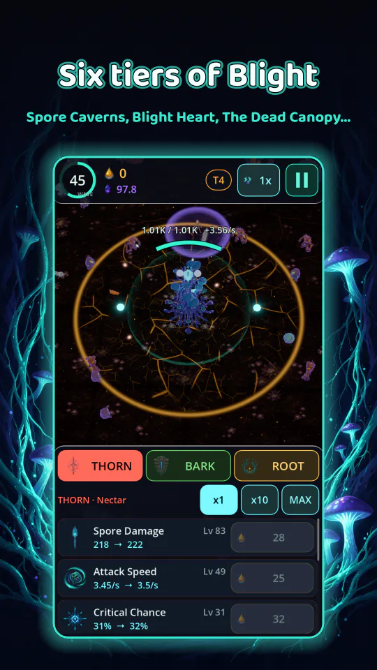 Store screenshot 'Six tiers of Blight': a real in-game capture in a glowing frame under the headline