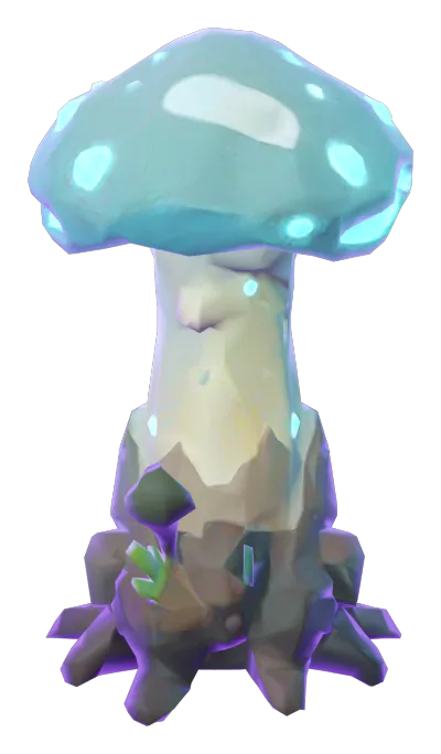 Spire growth stage 1 of 5: a sprout: a single glowing teal mushroom on a root stump