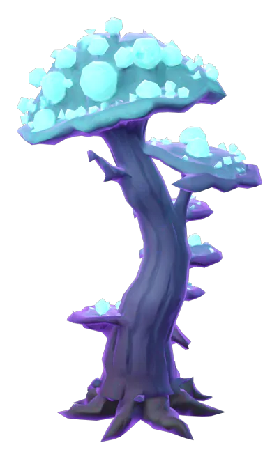 Spire growth stage 2 of 5: a young tree with a cap of glowing spore bulbs and shelf fungi on its twisted trunk