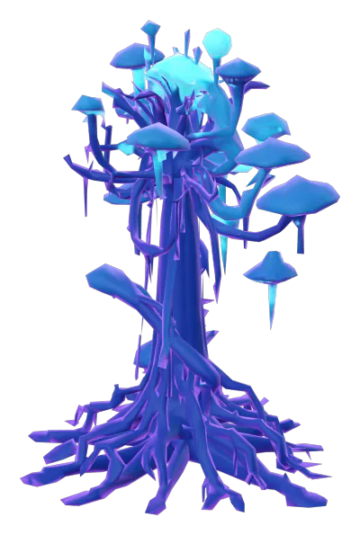 Spire growth stage 3 of 5: a tangle of deep-blue roots bristling with glowing blue mushroom caps