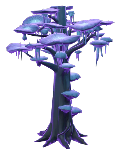 Spire growth stage 4 of 5: a tall dark trunk spreading a wide canopy of violet shelf caps