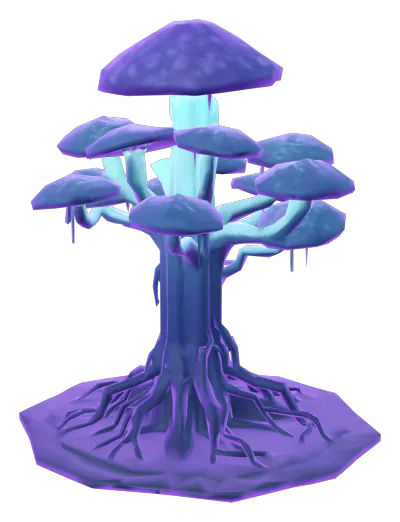 Spire growth stage 5 of 5: the crowned world-tree: a luminous trunk ringed by tiers of violet caps on a wide root base
